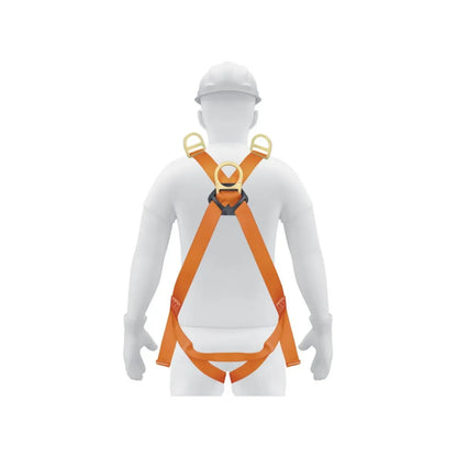 Arnés de seguridad anticaídas naranja con 3 anillos D para trabajos en altura, protección laboral en ferretería.
