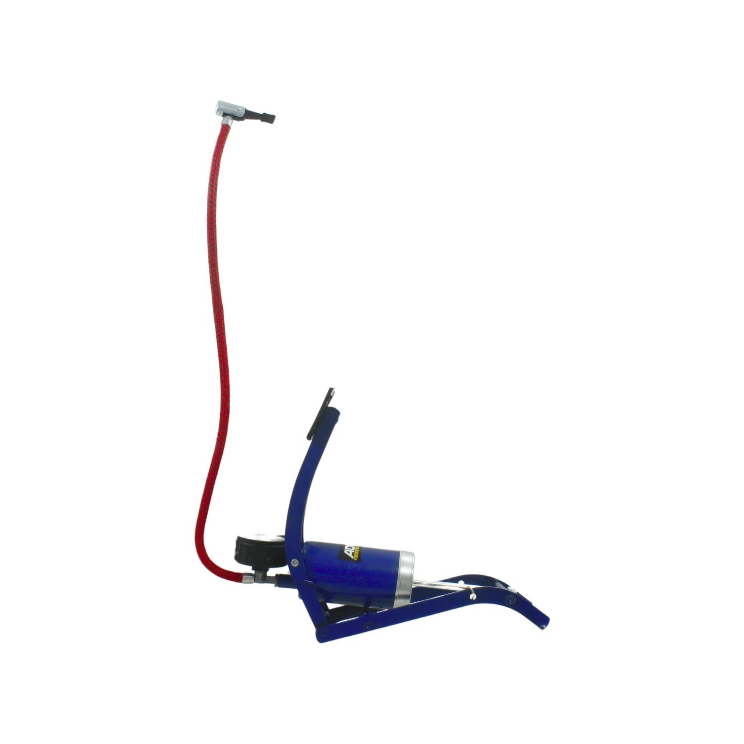 Bomba de pie Adir azul con manguera roja y medidor de presión para inflar neumáticos de coche o bicicleta.