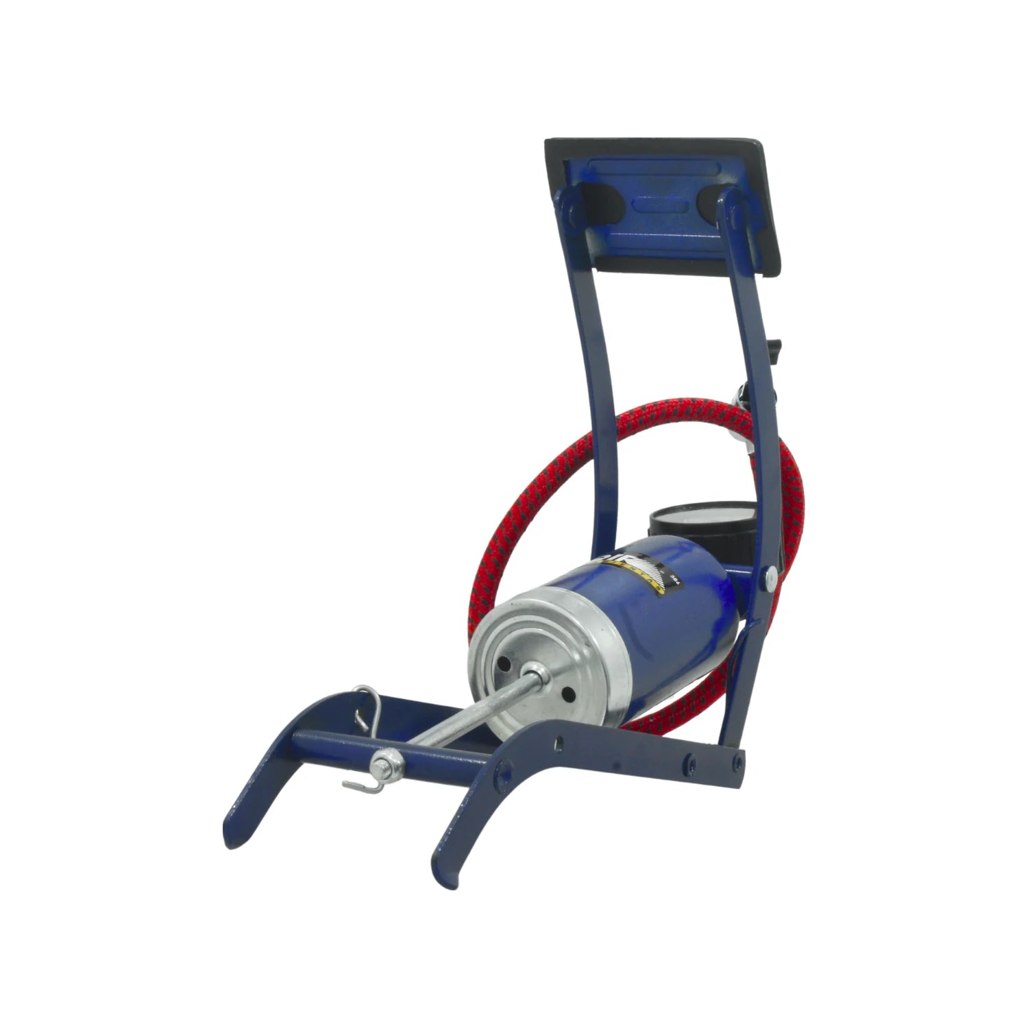 Bomba de pie Adir azul con manómetro y manguera roja, inflador para llantas de auto, bicicleta y balones.