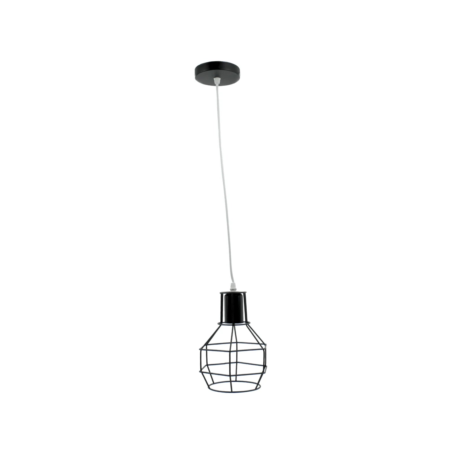 Candil colgante negro estilo industrial con pantalla de rejilla, ideal para iluminación decorativa de interiores