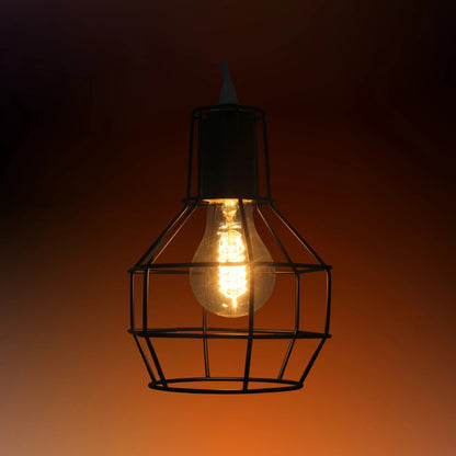 Candil colgante industrial negro con jaula de metal y foco Edison de filamento incandescente