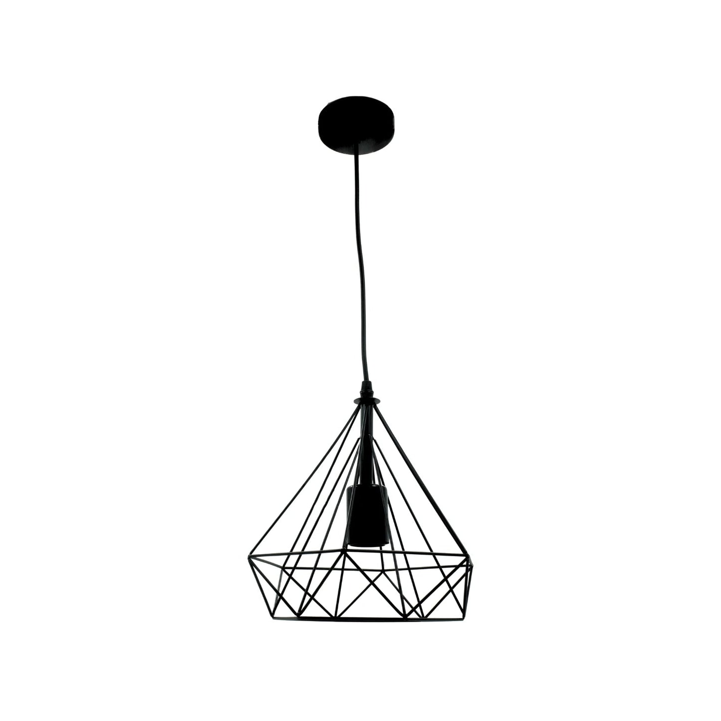 Candil colgante de metal negro con estructura geométrica de jaula, ideal para iluminación decorativa moderna.