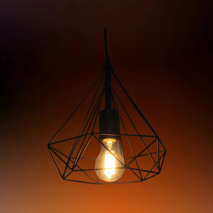 Candil colgante negro, diseño jaula diamante de metal con foco vintage encendido, para iluminación decorativa