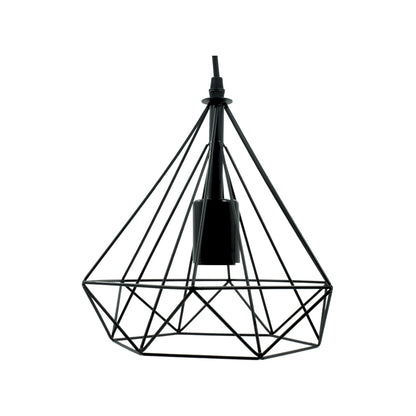 Candil colgante de techo negro, estructura de jaula geométrica, metal, diseño moderno para interior.