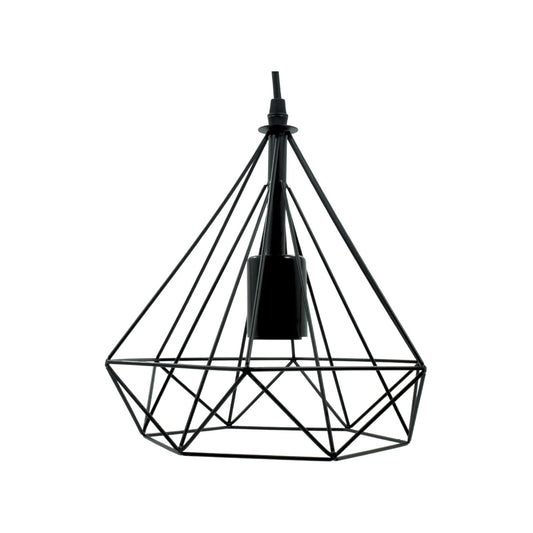 Candil colgante de techo negro, estructura de jaula geométrica, metal, diseño moderno para interior.