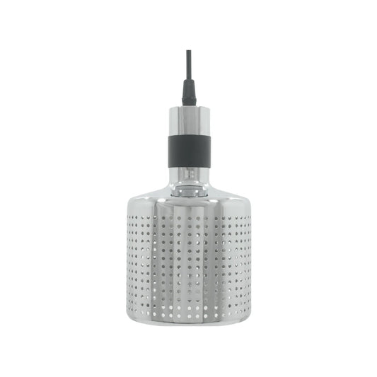 Candil colgante cromado con diseño perforado, iluminación moderna para interiores, acabado metálico brillante