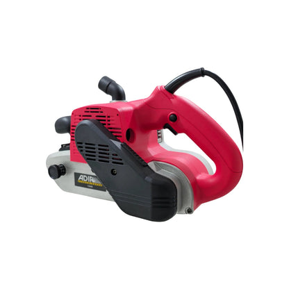 Lijadora de banda Adir 1200W roja para madera, con banda 4x24. Herramienta eléctrica potente.
