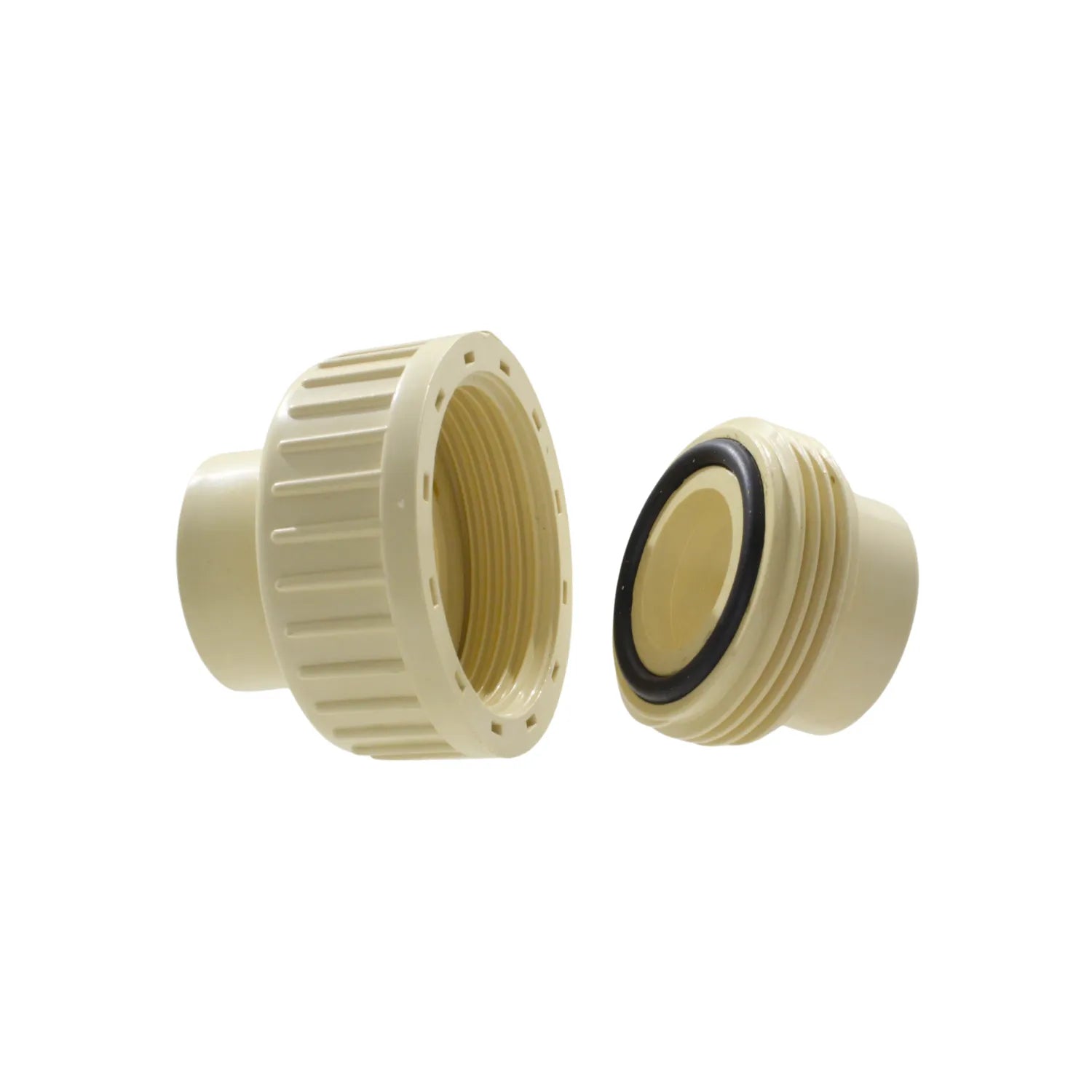 Tuerca unión CPVC 1 pulgada color crema para conexiones hidráulicas, con tuerca, rosca y o-ring desmontados.