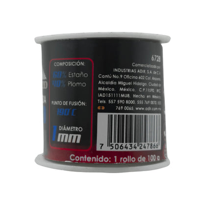 Soldadura 60/40 Adir 6728 de estaño plomo, 1mm diámetro, 190°C fusión, rollo 100g para electrónica
