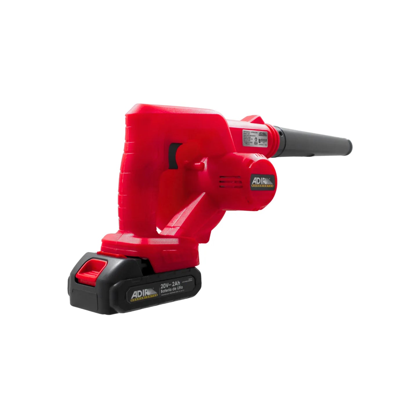 Sopladora aspiradora inalámbrica roja ADIR de 20V 2Ah con batería de litio para limpieza en taller o jardín