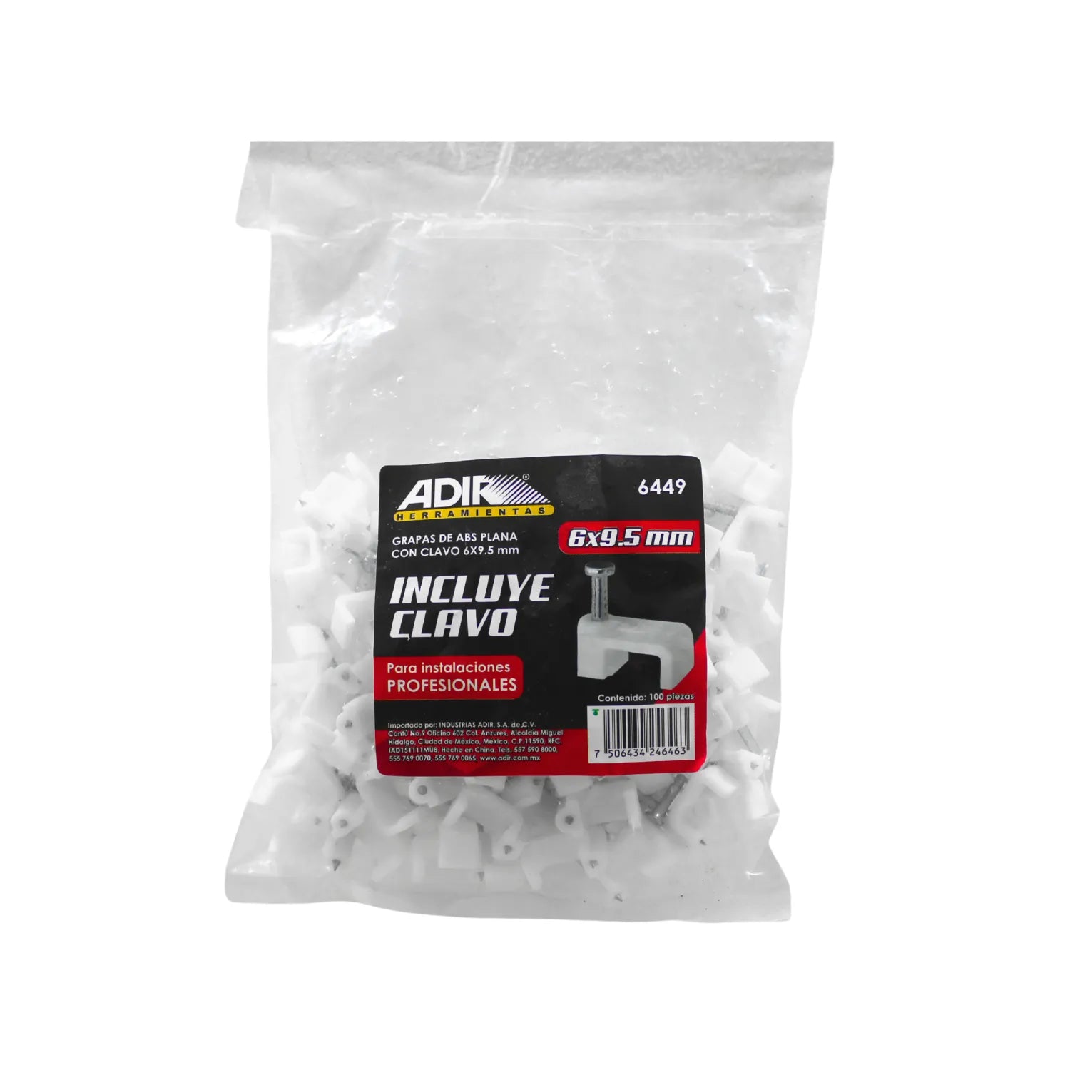 Grapas de ABS planas blancas Adir 6x9.5mm con clavo, paquete de 100 para fijación profesional de cables