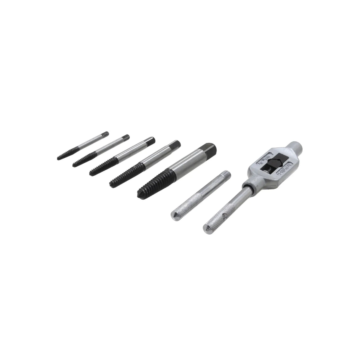 Juego de 5 extractores de tornillos rotos y llave para machuelos metálica.