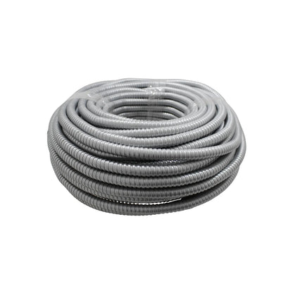 Tubo conduit flexible corrugado gris en rollo para protección de cableado eléctrico.