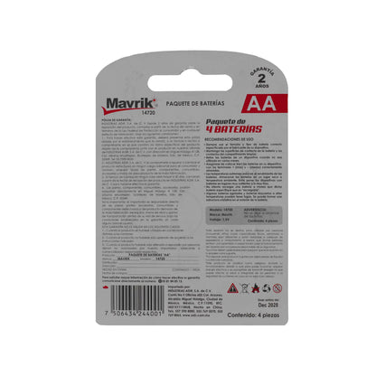 Paquete de 4 baterías AA Mavrik 1.5V modelo 14720 con información técnica, garantía y precauciones de uso.