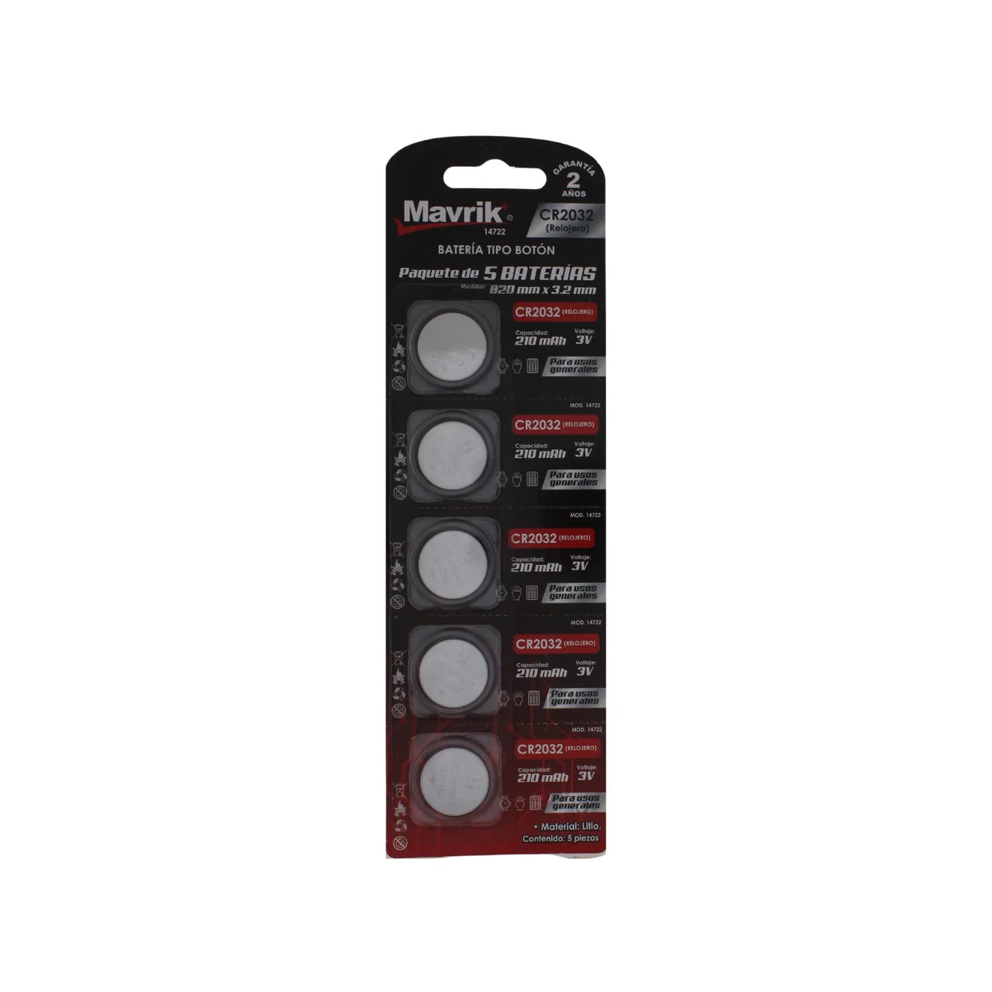 Paquete de 5 baterías de botón CR2032 Mavrik 3V de litio 210mAh para relojes y aparatos electrónicos