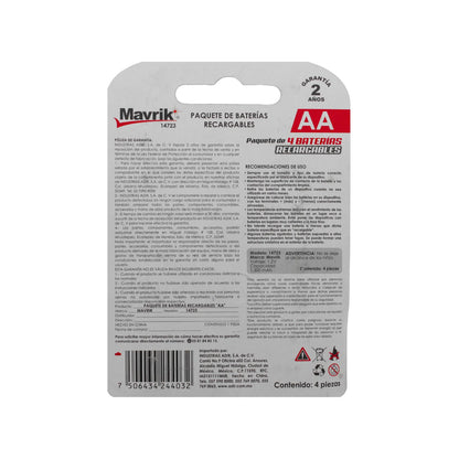 Baterías recargables Mavrik AA 1300 mAh paquete de 4 unidades 1.2V para diversos dispositivos electrónicos.