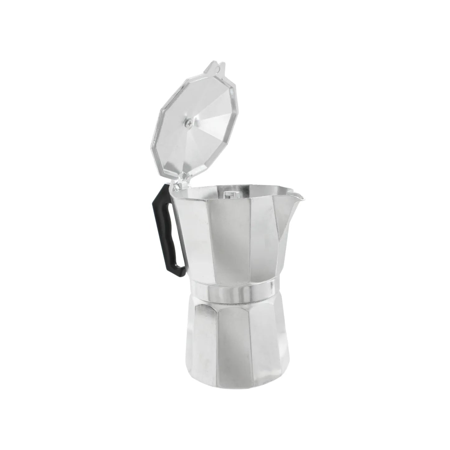 Cafetera italiana de aluminio plateado con tapa abierta y mango negro ergonómico para preparar café espresso.
