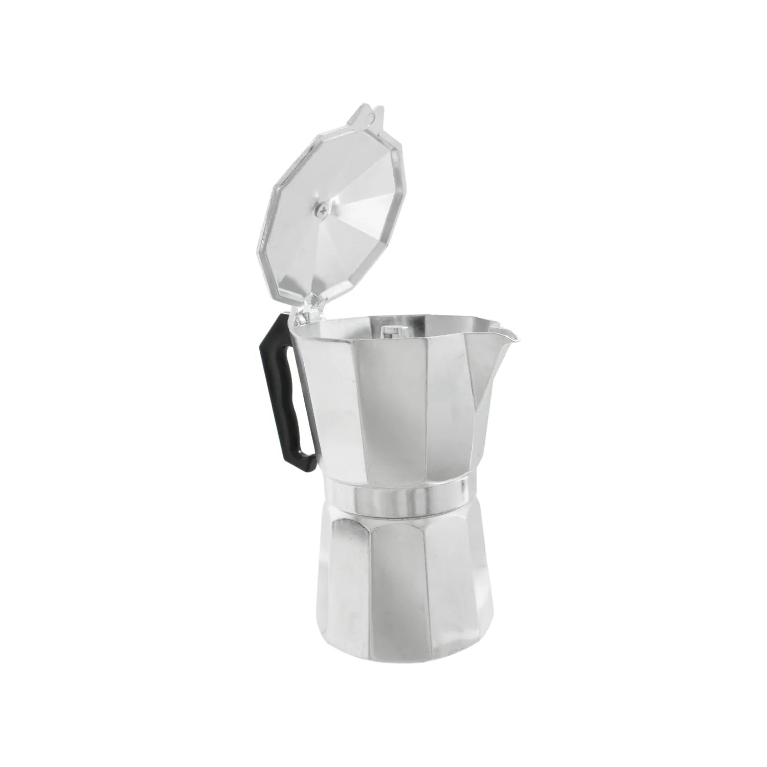 Cafetera italiana de aluminio plateado con tapa abierta y mango negro ergonómico para preparar café espresso.