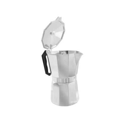 Cafetera italiana de aluminio plateado con tapa abierta y mango negro ergonómico para preparar café espresso.