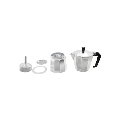 Cafetera italiana Silver Master de aluminio plateado desmontada con filtro, junta y base para preparar café moka.