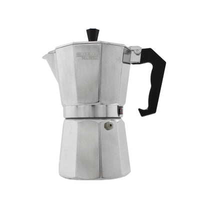Cafetera italiana Silver Master de aluminio plateado con mango negro ergonómico y válvula de presión para espresso.