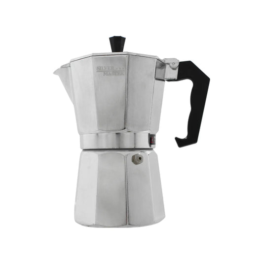 Cafetera italiana Silver Master de aluminio plateado con mango negro ergonómico y válvula de presión para espresso.