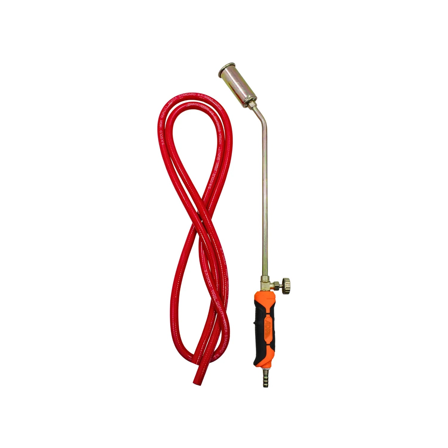 Soplete de gas industrial con manguera roja reforzada y mango ergonómico para impermeabilización y asfalto