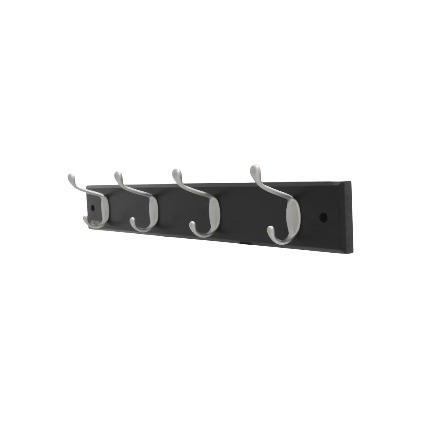 Perchero de pared con 4 ganchos dobles metálicos plateados y base negra para organizar ropa y accesorios.