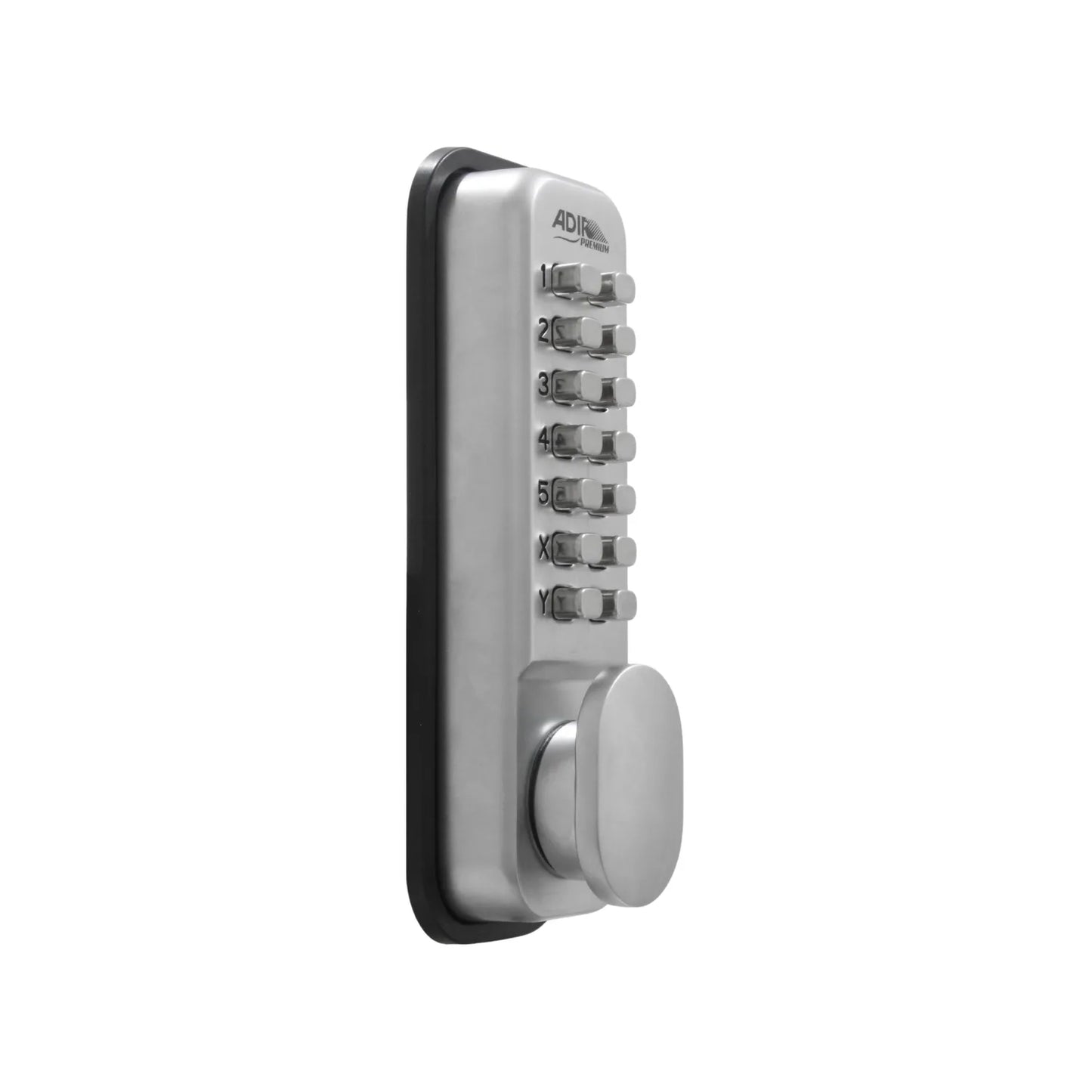 Cerradura mecánica Adir plateada con teclado numérico de botones y pomo circular para seguridad en puertas.