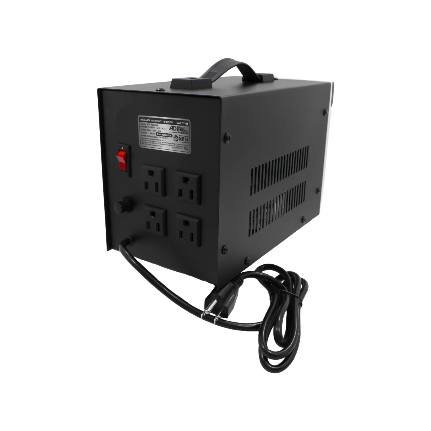 Regulador de voltaje ADIR 1200VA negro con 4 contactos y asa para protección de equipos electrónicos