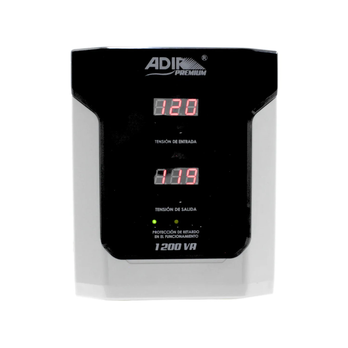 Regulador de voltaje ADIR PREMIUM 1200 VA con display digital y protección de retardo para equipos electrónicos.