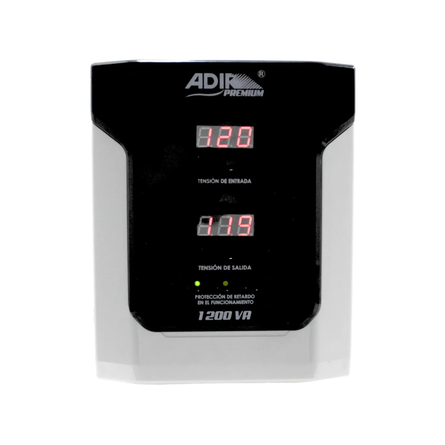 Regulador de voltaje ADIR PREMIUM 1200 VA con display digital y protección de retardo para equipos electrónicos.