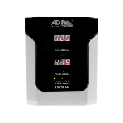 Regulador de voltaje ADIR PREMIUM 1200 VA con display digital y protección de retardo para equipos electrónicos.