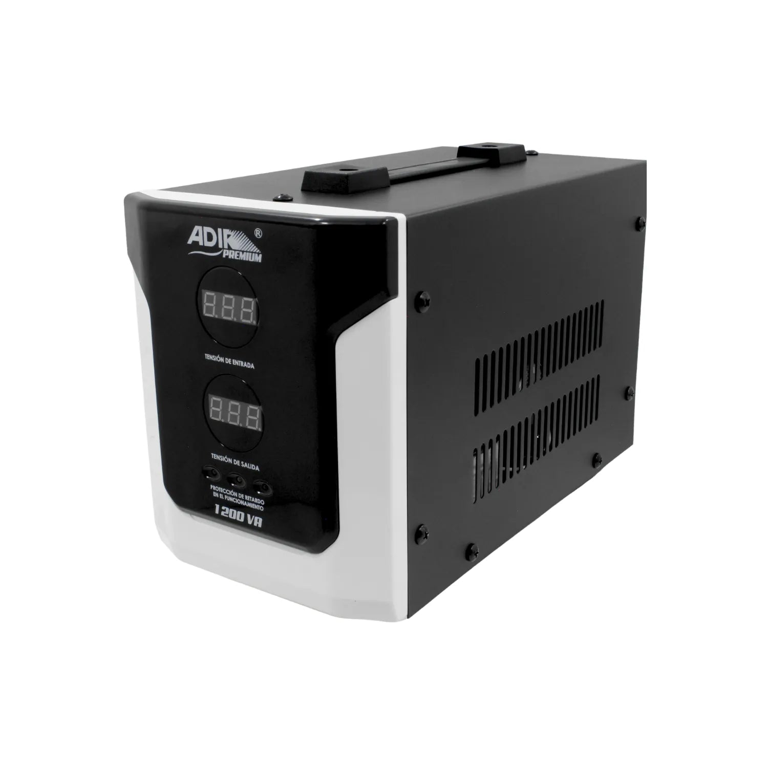 Regulador de voltaje Adik Premium 1200 VA blanco y negro con doble pantalla digital para entrada y salida de tensión