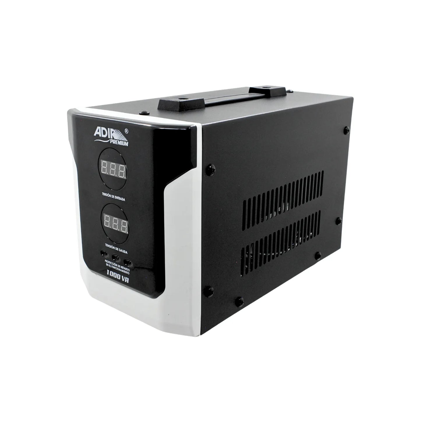 Regulador de voltaje ADIK Premium 1000 VA con doble pantalla digital para tensión de entrada y salida.