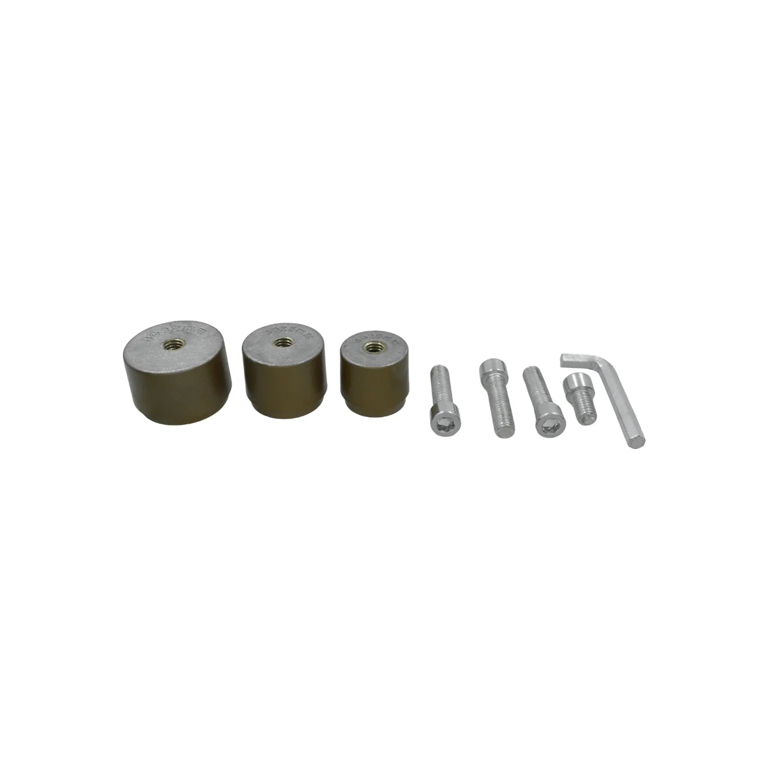 Juego de casquillos separadores metálicos con tornillos Allen y llave hexagonal para montaje, medidas 32, 25 y 20 mm