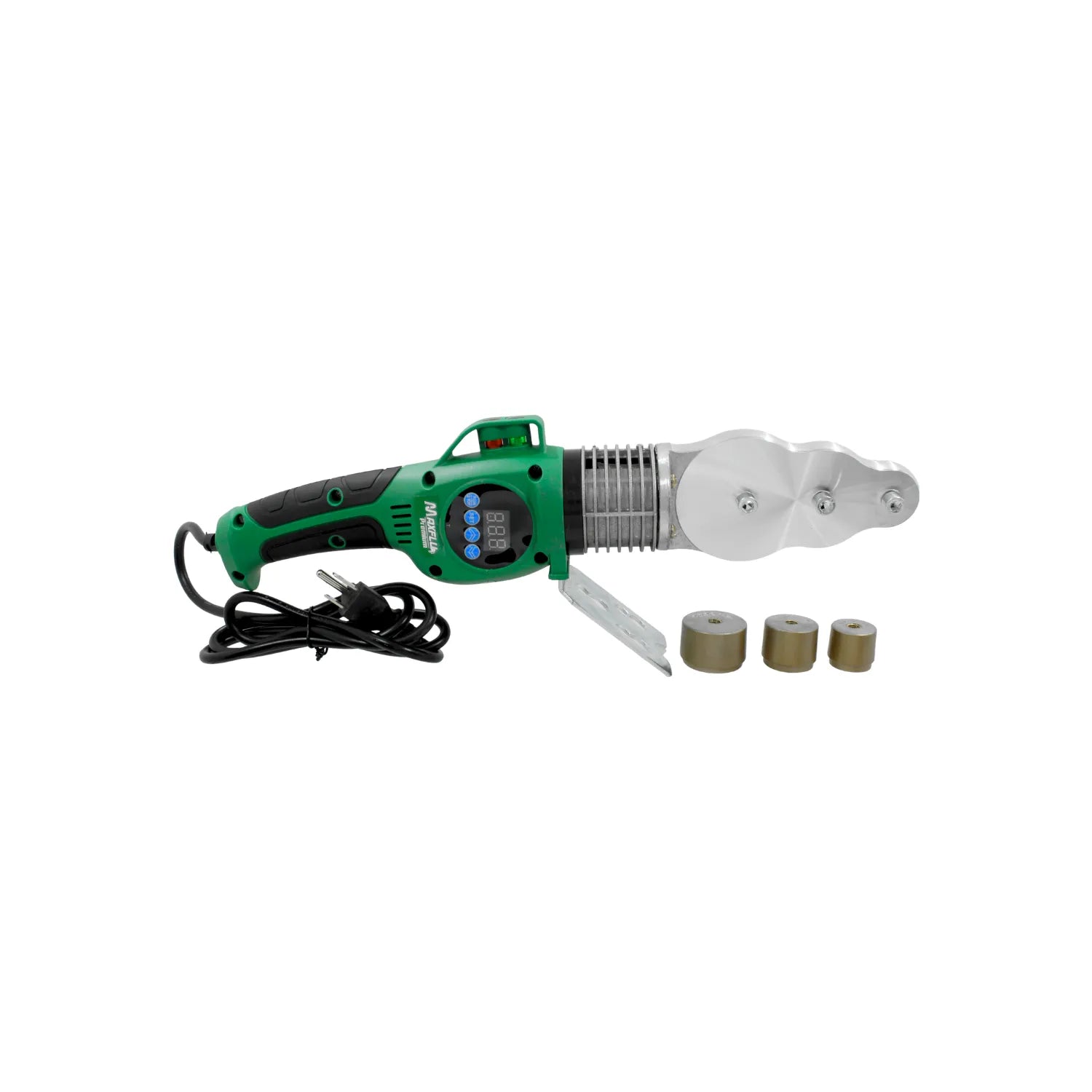 Termofusora digital MAXFLA verde para tuberías PPR con pantalla LCD y 3 dados intercambiables para fontanería.