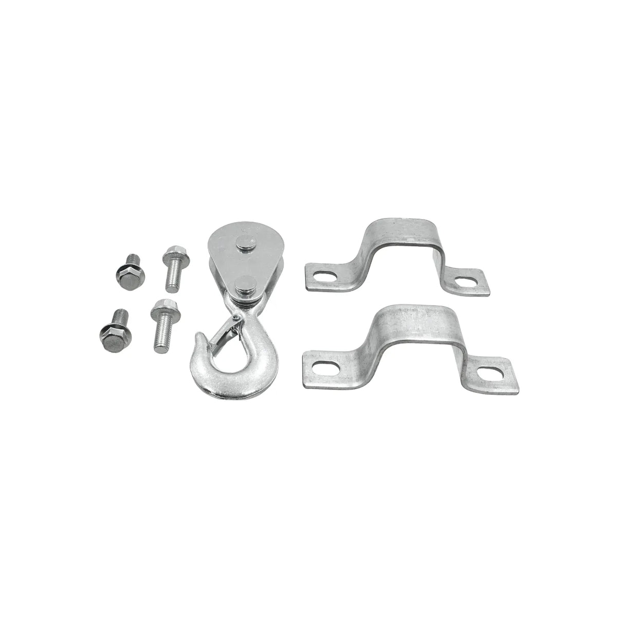 Kit de polea con gancho de seguridad, dos soportes metálicos y pernos hexagonales en acero galvanizado.