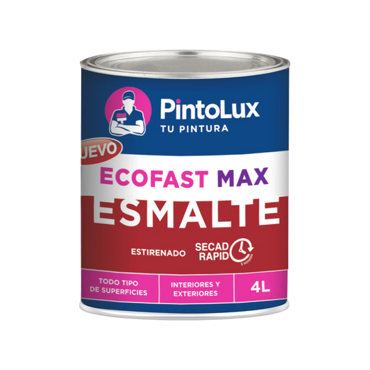 Pintura esmalte rojo PintoLux EcoFast Max 4L. Secado rápido en 5 min, para interiores, exteriores y multisuperficies.