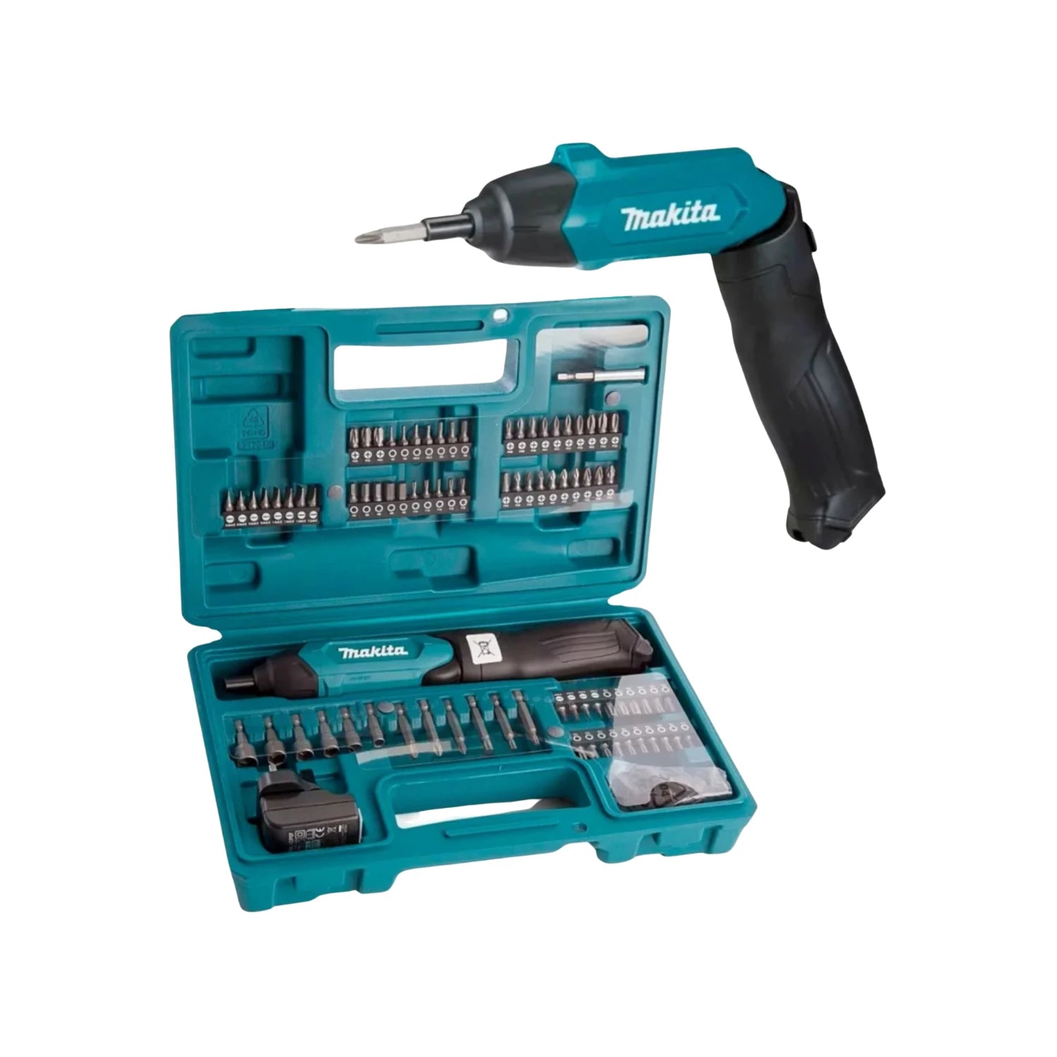 Atornillador inalámbrico Makita turquesa 3.6V kit completo con juego de puntas, cargador y estuche organizador para bricolaje.