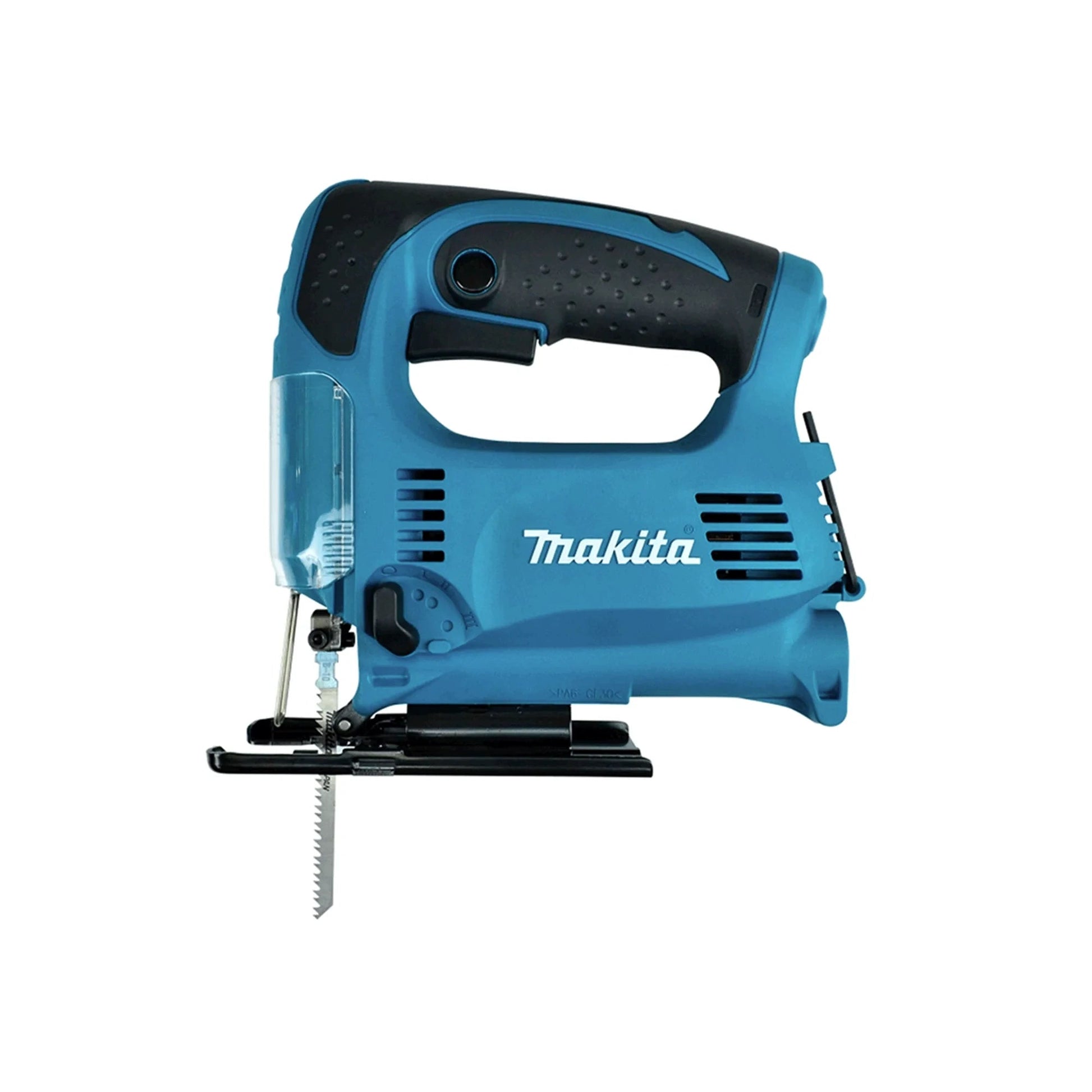 Sierra caladora Makita azul turquesa, herramienta eléctrica con empuñadura ergonómica y hoja de sierra para cortes de precisión.