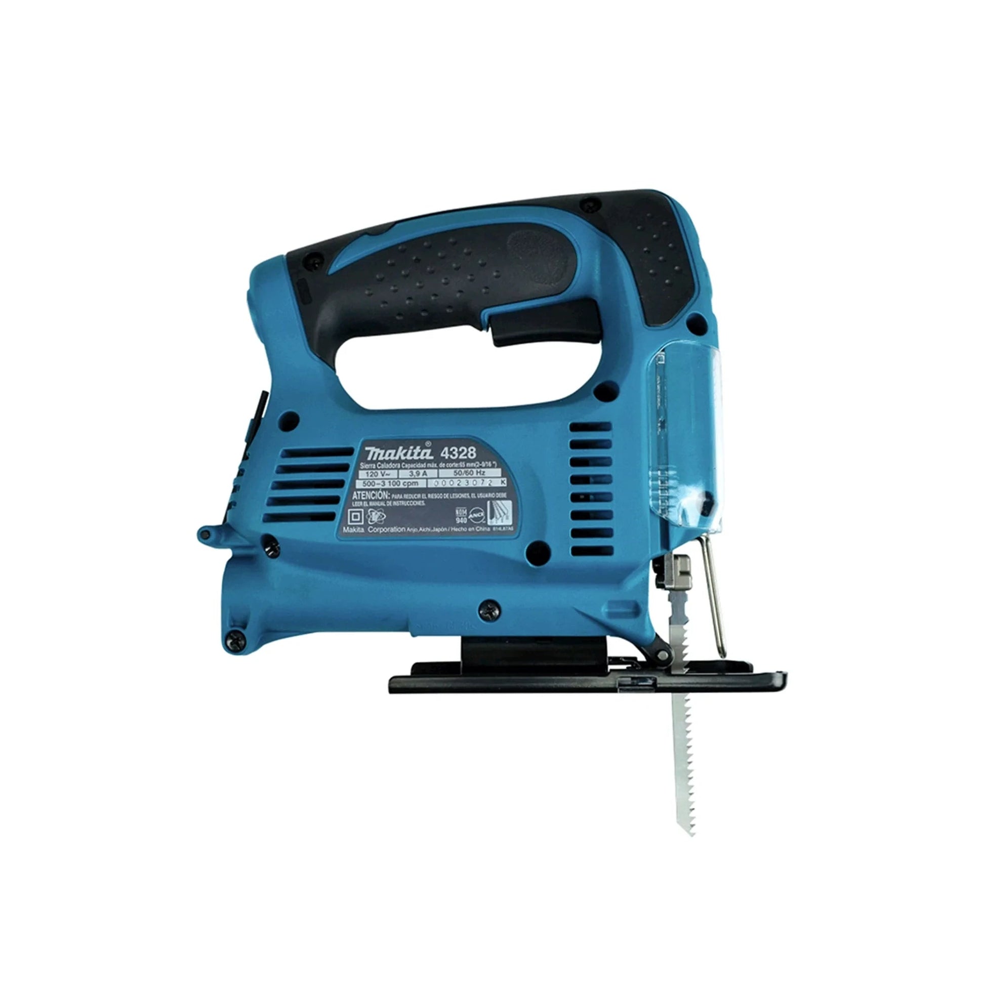 Sierra caladora eléctrica Makita 4328 azul y negra, potente para cortes precisos en madera y otros materiales.