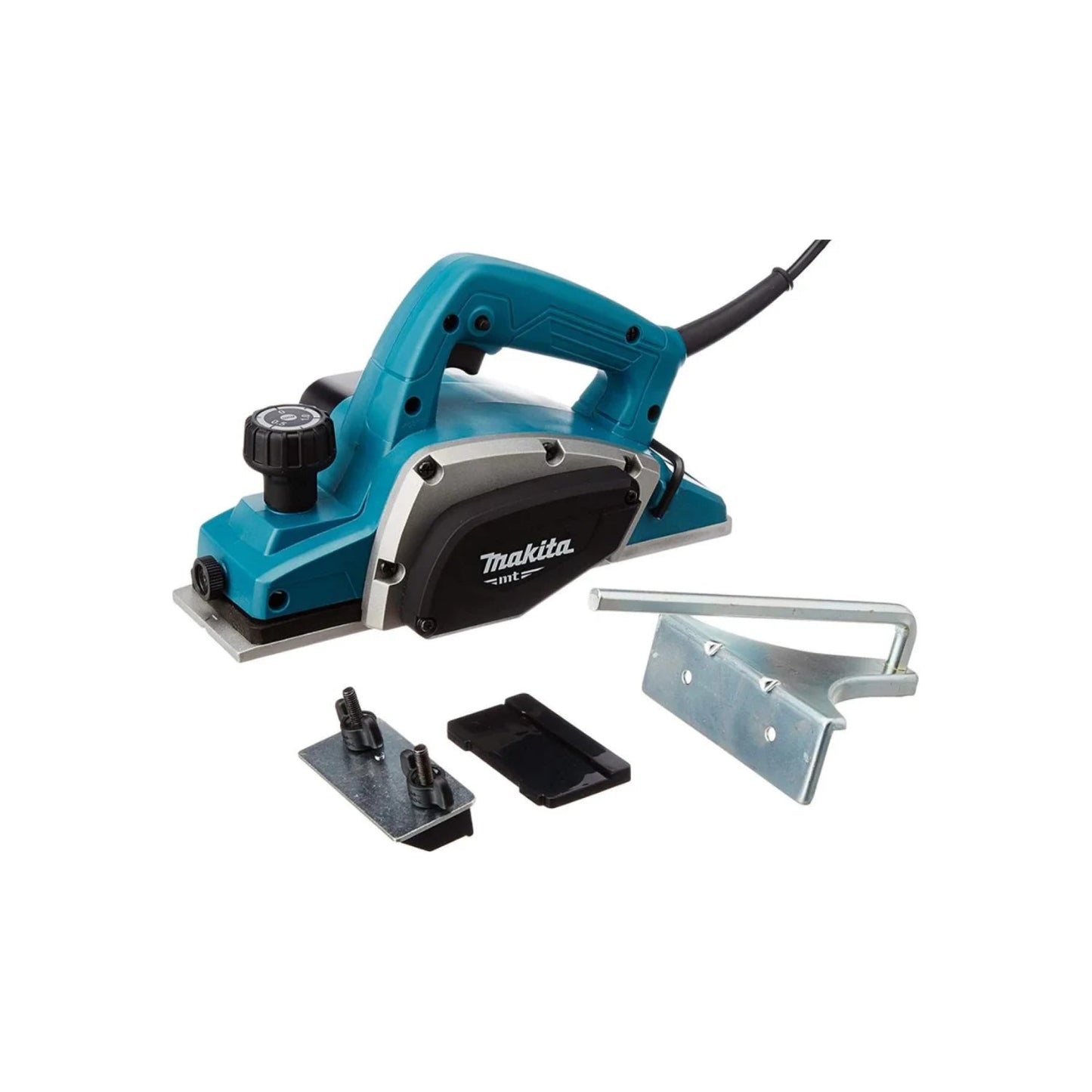 Cepillo eléctrico Makita turquesa con regulador de profundidad, base metálica y accesorios de guía para madera.