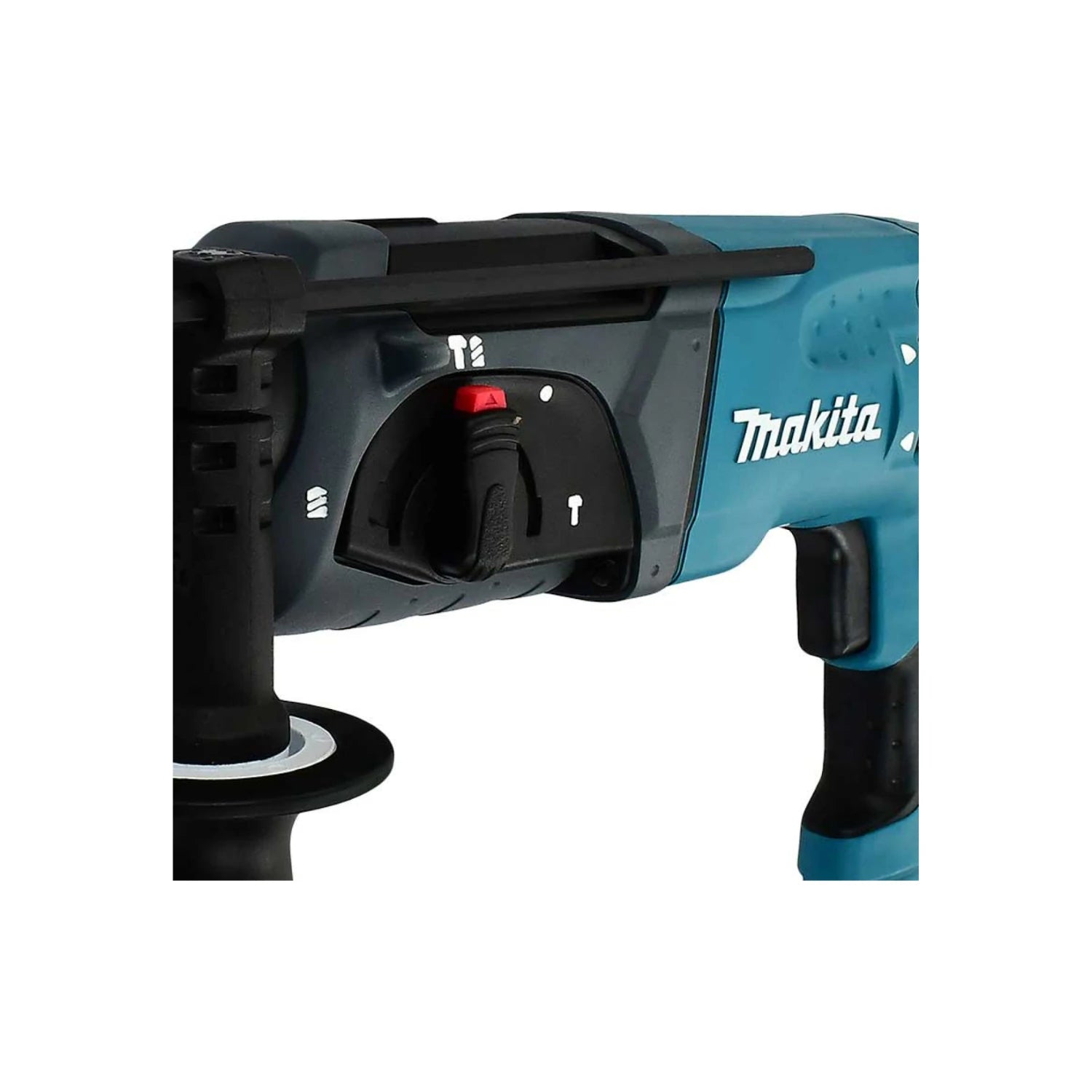 Martillo perforador Makita HR2470 SDS, color azul turquesa, con selector de modo de perforación y cincelado.