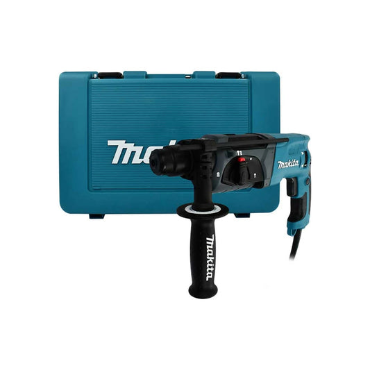 Martillo perforador percutor Makita SDS turquesa y negro, con mango auxiliar y estuche rígido para transporte.