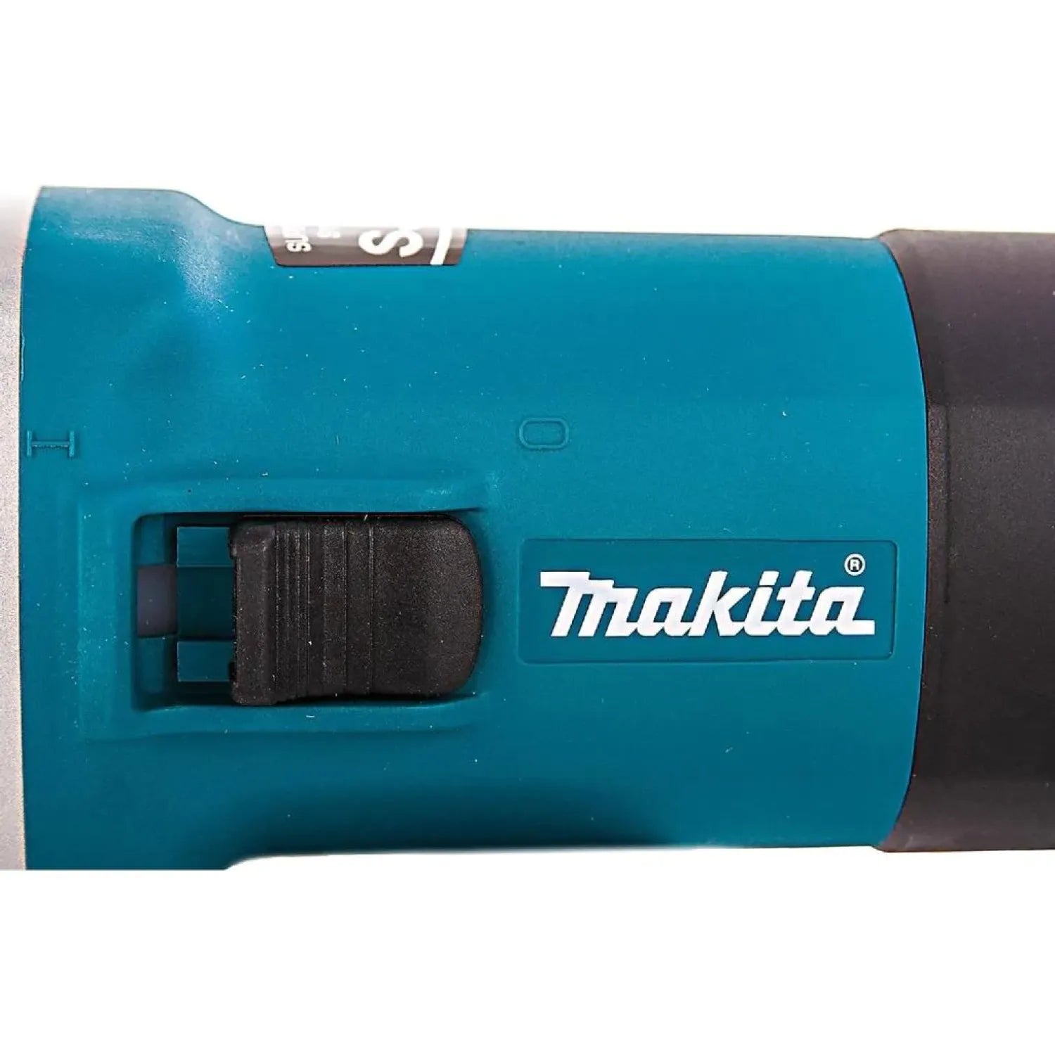 Esmeriladora Makita turquesa, vista lateral con interruptor deslizante de encendido.