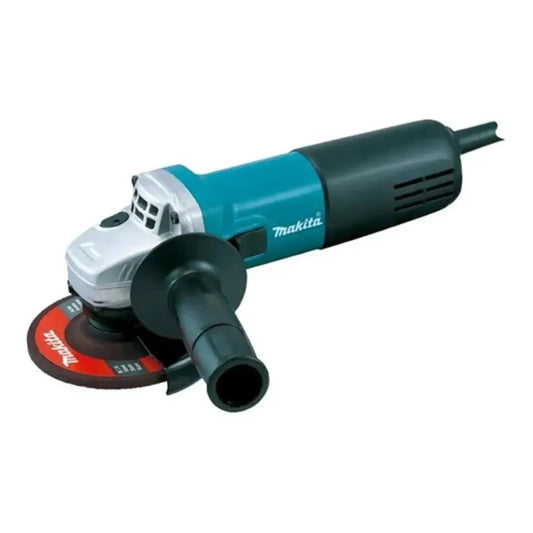Esmeriladora angular eléctrica Makita, disco de 4 1/2 pulgadas, color azul y negro, ideal para corte y desbaste.