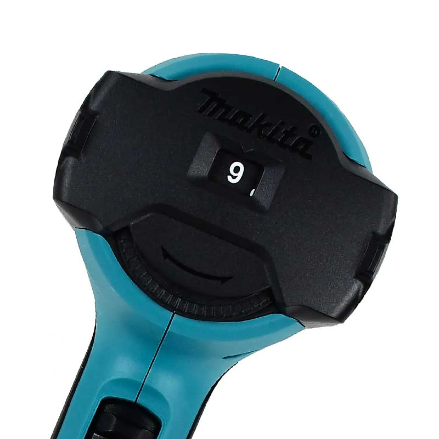 Pistola de calor Makita profesional turquesa y negra, control de ajuste de temperatura/potencia con número 9.