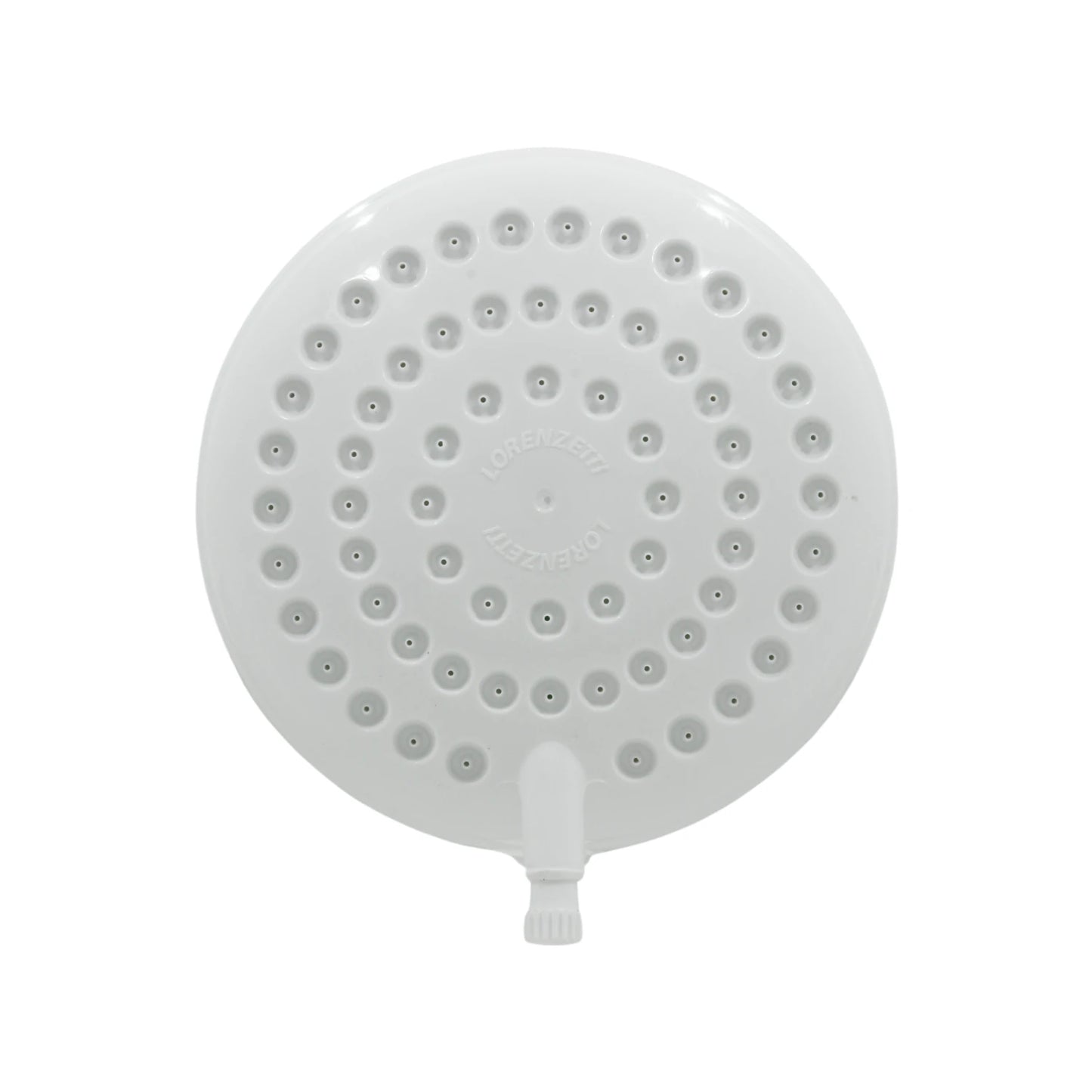Regadera eléctrica Lorenzetti blanca, cabezal redondo con orificios, perfecta para 3 temperaturas de agua.