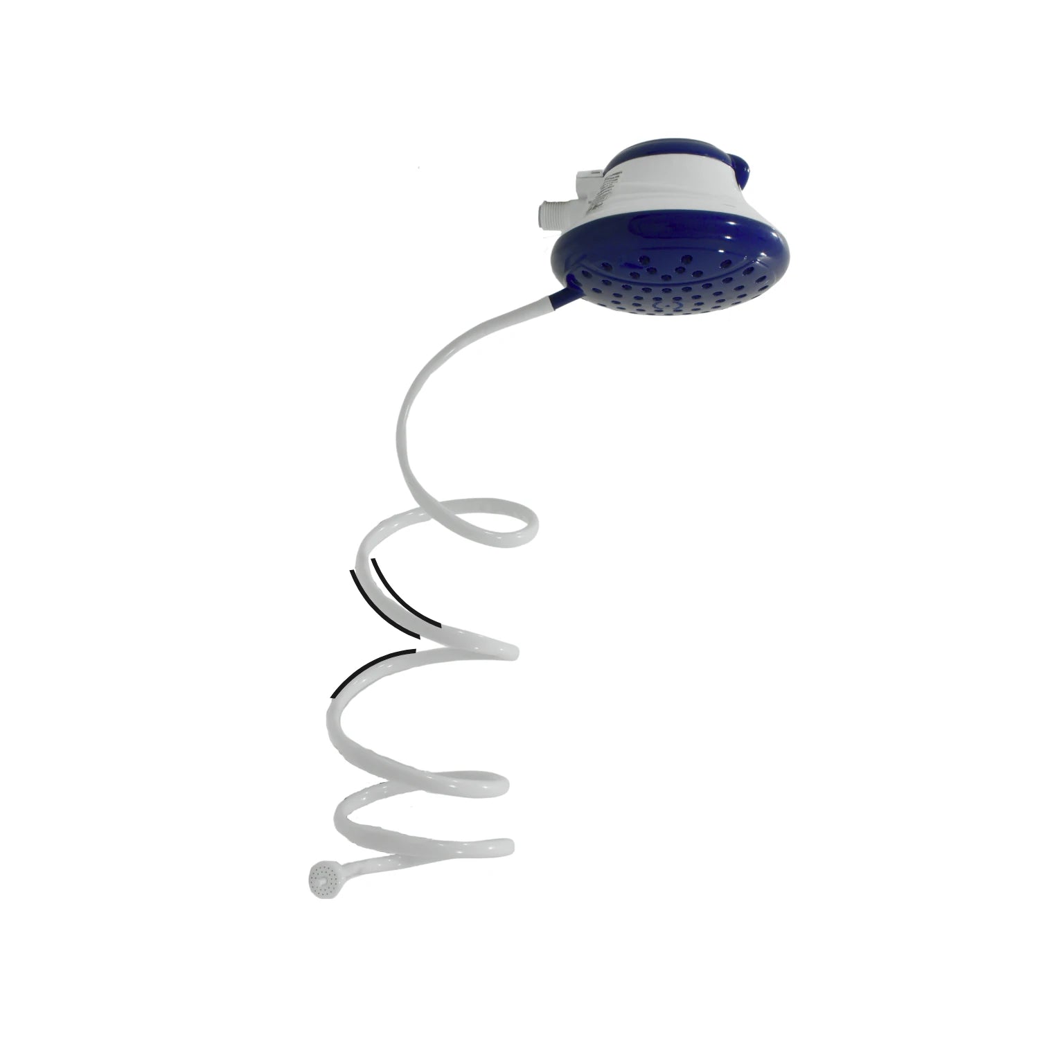 Regadera eléctrica azul y blanca con manguera espiral y ducha de mano para baño.